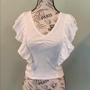 Forever 22 White Ruffle Sleeveless Top Women’s Medium Baby Tee V-Neck